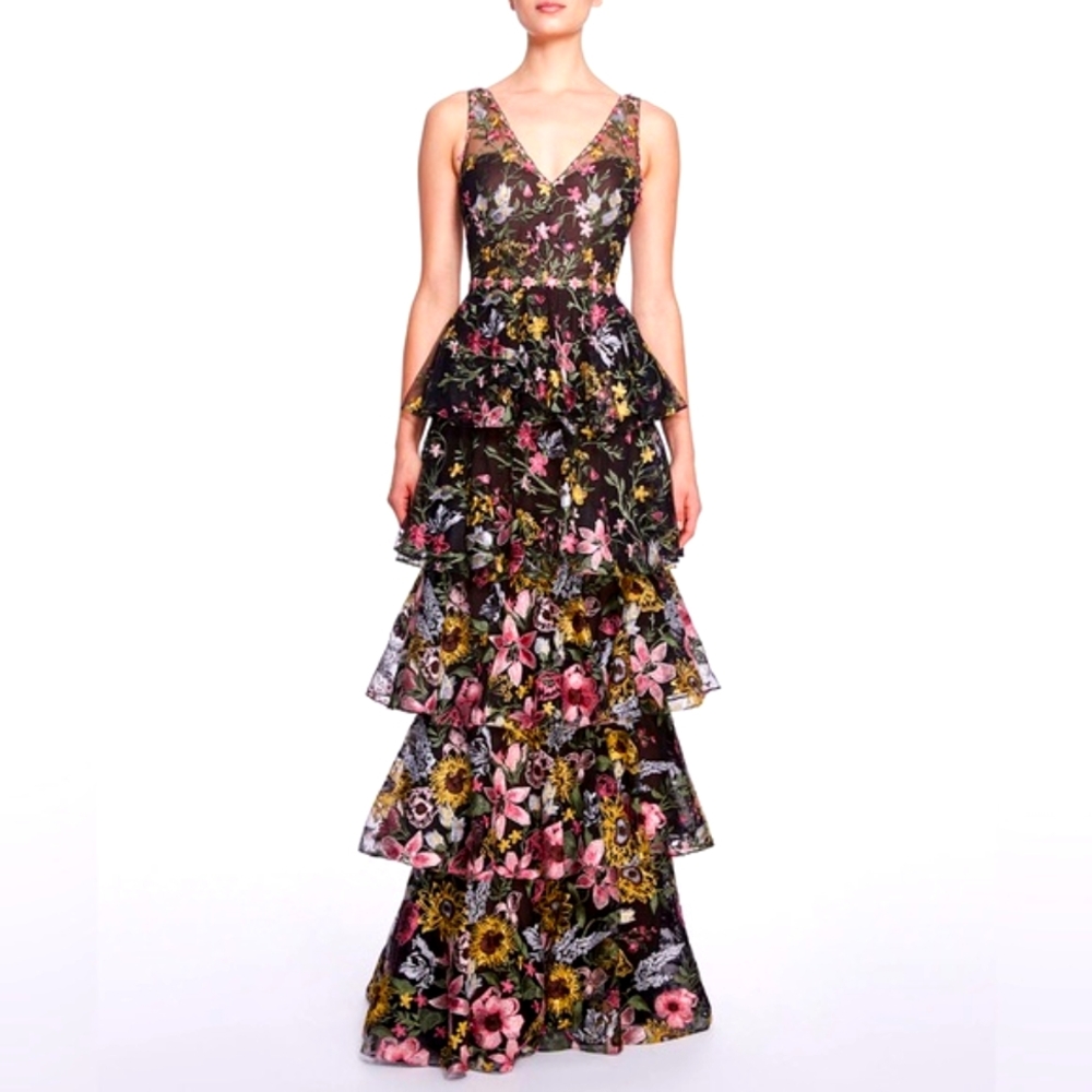 🔴 MARCHESA NOTTE,TIERED EMBROIDERED GOWN